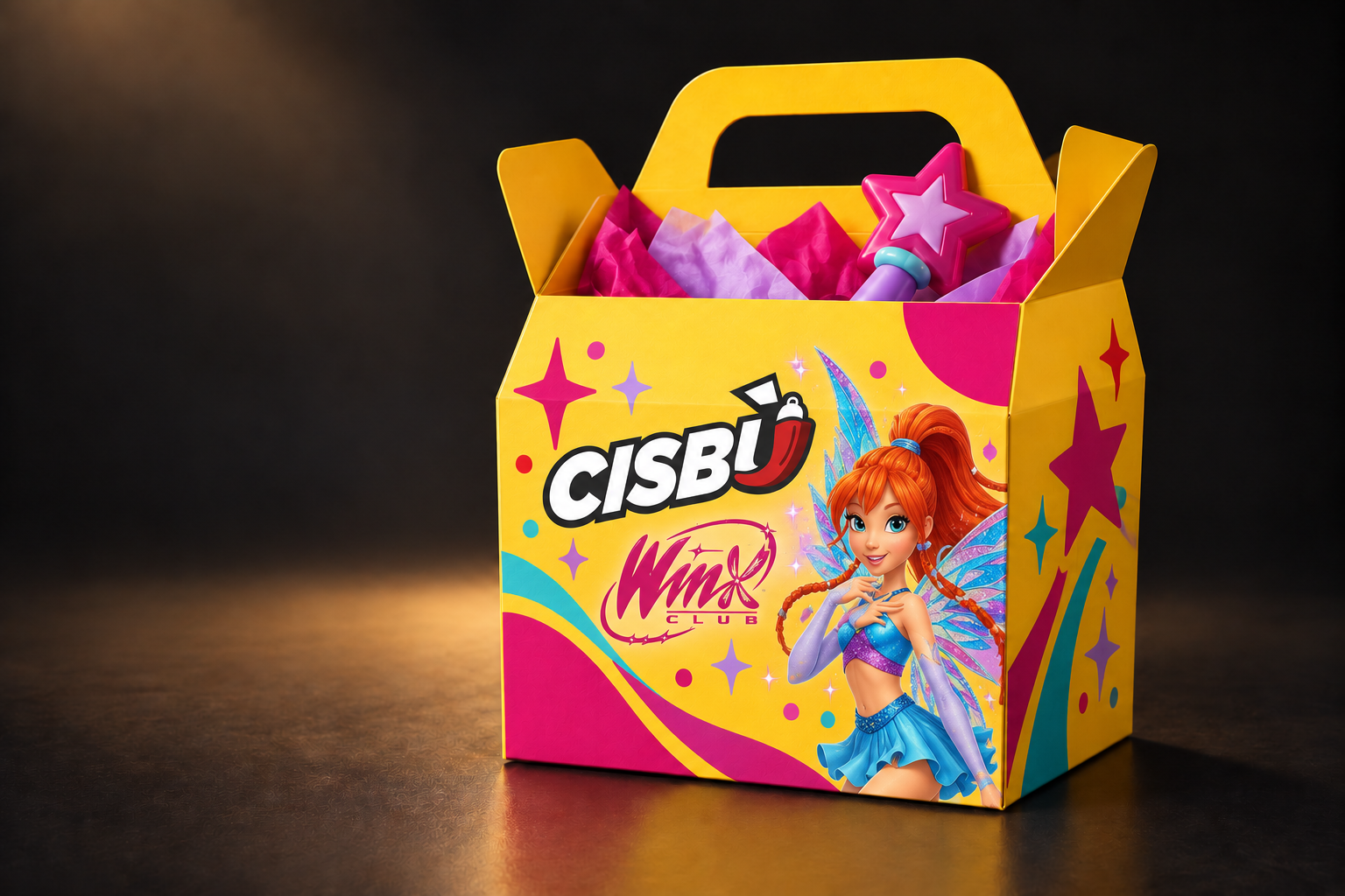 Mockup concettuale di una T-Box Cisbù con logo, logo Winx Club e immagine del personaggio